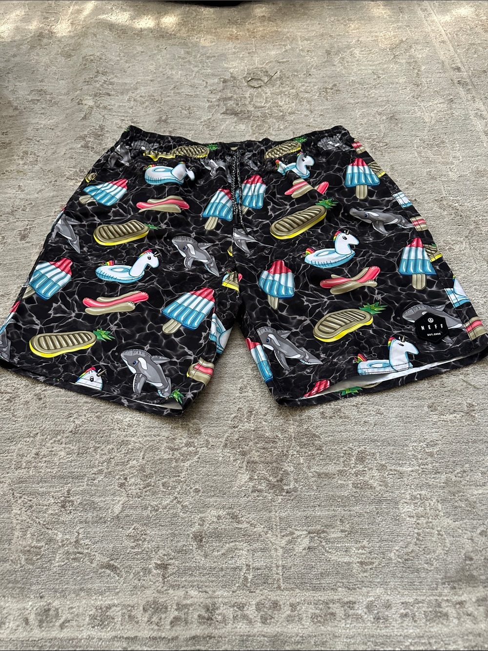 Neff Men’s Large Unicorn Floatie/Popsicle/Shark swim trunks.